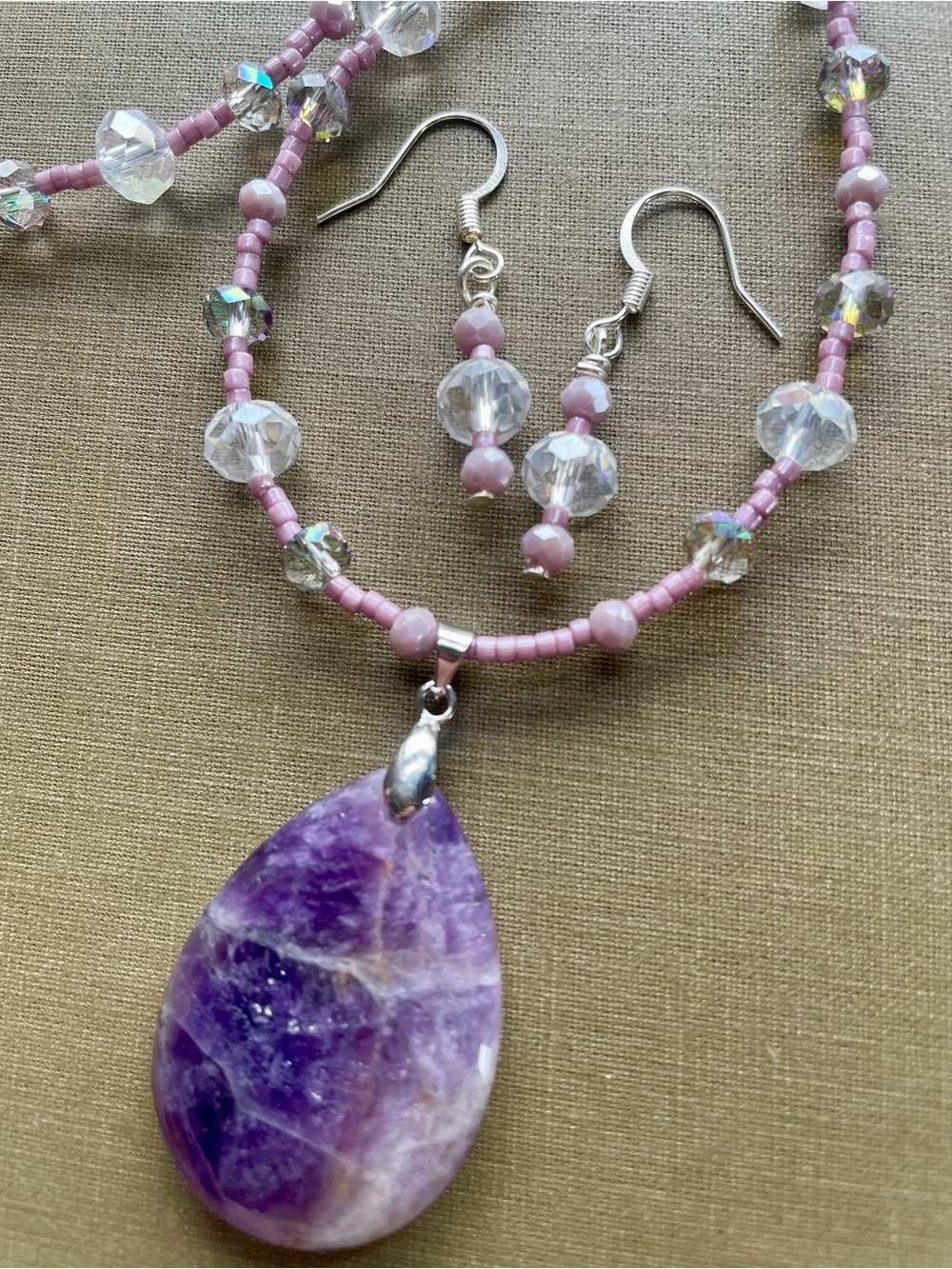 Purple Amethyst Teardrop Pendant Necklace with Pink Beaded Accents